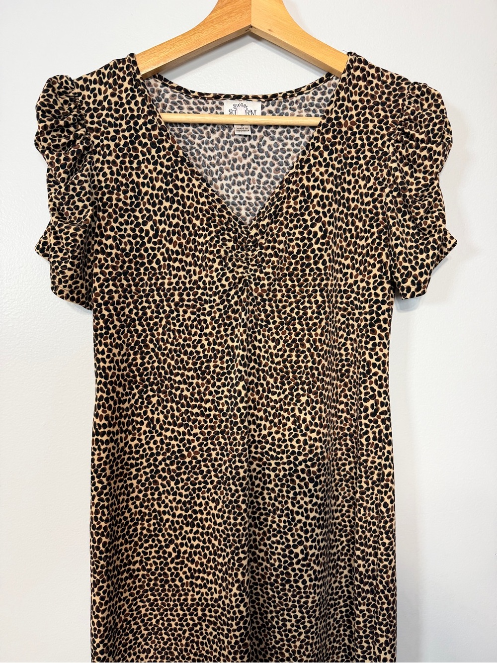 Sweet Storm Y2K Leopard Mini Dress Ruched V Neck Puff Sleeve S - Picture 10 of 10